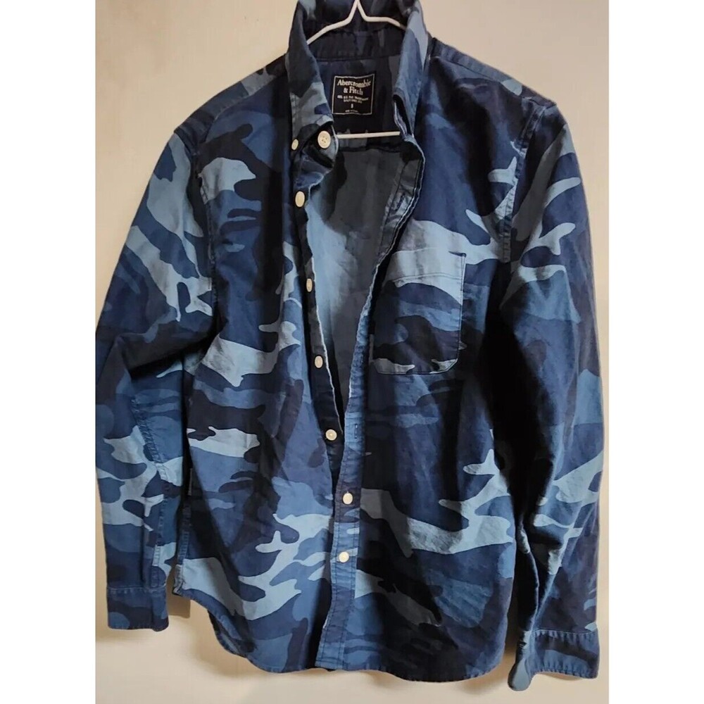 Abercrombie & Fitch Shirt Mens Small Blue Gray Camouflage Long Sleeve Collared